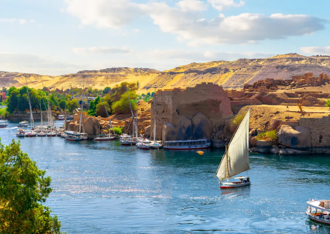 A serene view of the Nile River with lush greenery on its banks and a clear blue sky overhead